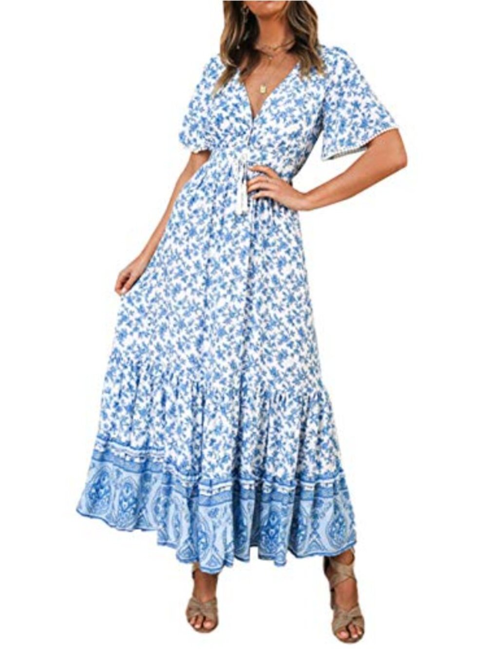 Womens Rayon Cotton Short Sleeve V Neck Floral Midi Dress Boho Casual